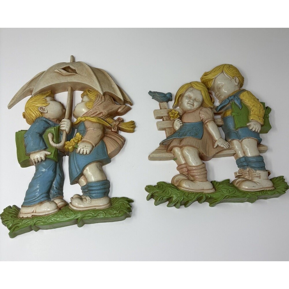Vintage 1977 Homco Dart Industries Boy Girl Umbrella Park Bench Plaques Lot VTG
